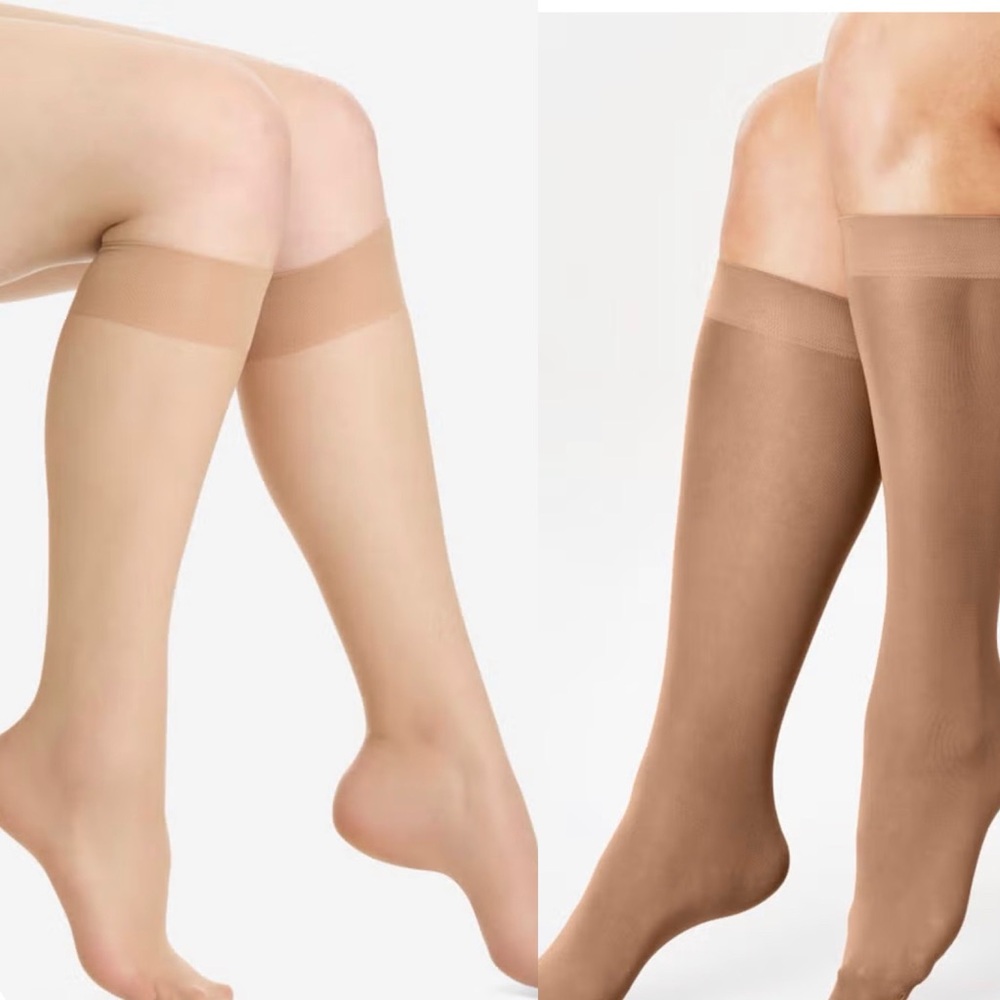 plus size Knee high (3) Size F then (1) pair of Catherine’s pantyhose.